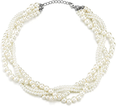 Multi-Layer Braided White Pearl Statement Necklace Chains Choker Collar - COOLSTEELANDBEYOND Jewelry