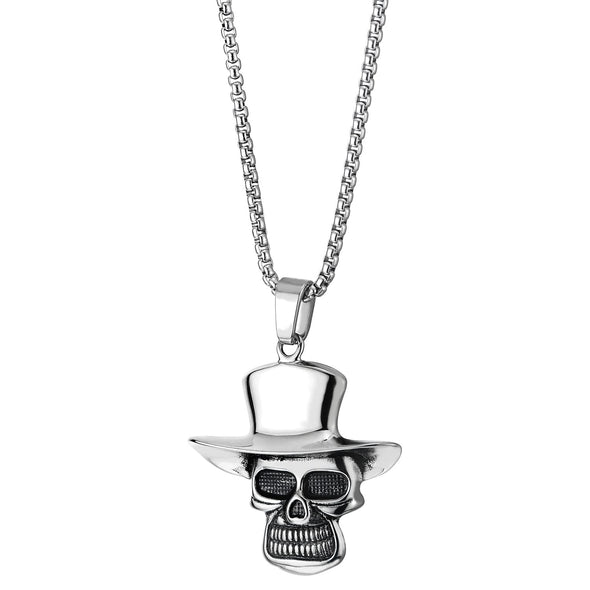 Mens Womens Steel Punk Rock Cowboy Skull Pendant Necklace, 30 inches Wheat Chain - COOLSTEELANDBEYOND Jewelry