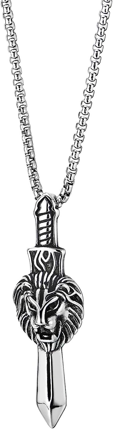 COOLSTEELANDBEYOND Viking Sword Lion Head Pendant Necklace for Men, Stainless Steel, 30 inches Wheat Chain - COOLSTEELANDBEYOND Jewelry