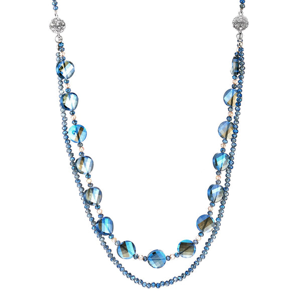 COOLSTEELANDBEYOND Crystal Beads Necklace, Long Blue Crystal Chain with Cubic Zirconia and Magnetic Clasp Detachable into Two Pieces - COOLSTEELANDBEYOND Jewelry