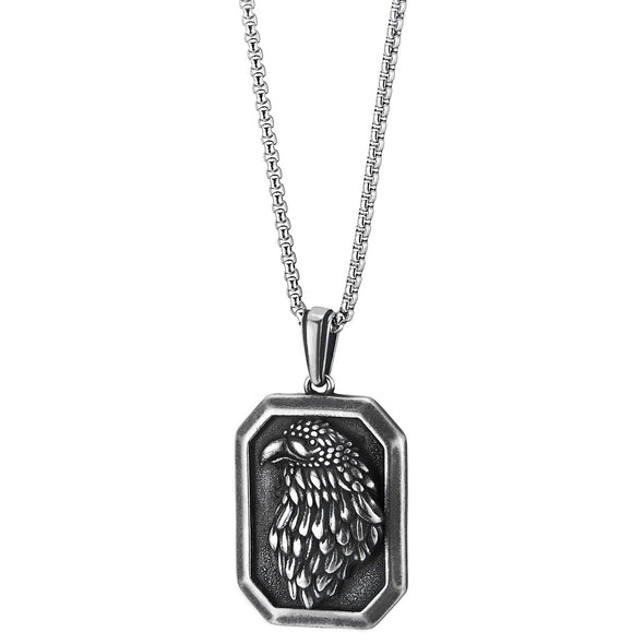 COOLSTEELANDBEYOND Mens Embossed Eagle Pendant Necklace, Vintage Oxidized Stainless Steel Dog Tag Medallion - COOLSTEELANDBEYOND Jewelry