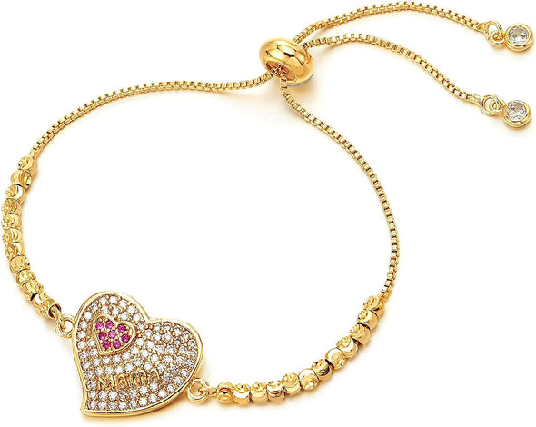 COOLSTEELANDBEYOND Womens Cubic Zirconia Heart Bracelet, Beads Link with Charm Bracelet, for Mom, Mother, Mama, Adjustable - COOLSTEELANDBEYOND Jewelry