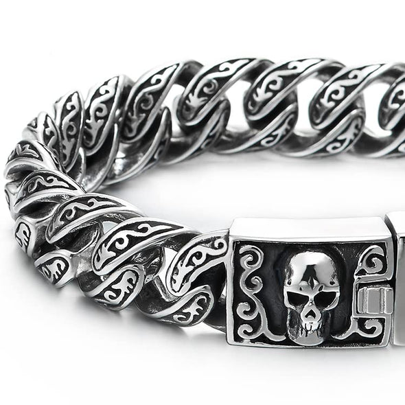 Retro Style Mens Women Steel Filigree Tattoo Patterns Curb Chain Bracelet with Skull Box Clasp - COOLSTEELANDBEYOND Jewelry
