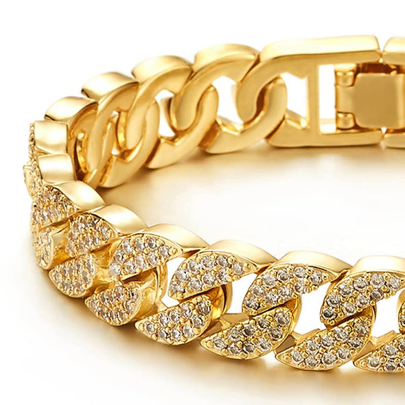 Stylish, Mens Womens, Curb Chain Bracelet, Gold Color, with Cubic Zirconia