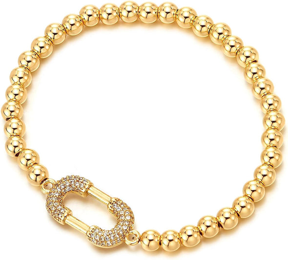 COOLSTEELANDBEYOND Trendy Oval Link Bracelet for Women, Gold Color Beads Link Chain with Charm of Cubic Zirconia, Sparkling - COOLSTEELANDBEYOND Jewelry