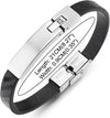 COOLSTEELANDBEYOND Mens Steel ID Identification Bracelet with Cubic Zirconia and Black Textured Leather Straps - COOLSTEELANDBEYOND Jewelry