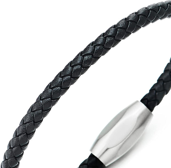 COOLSTEELANDBEYOND Classic Mens Women Thin Black Braided Leather Bracelet Leather Bangle, Steel Oval Magnetic Clasp - COOLSTEELANDBEYOND Jewelry