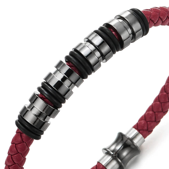 COOLSTEELANDBEYOND Mens Women Red Braided Leather Bracelet, Bangle with Stainless Steel Bead String and Magnetic Clasp - COOLSTEELANDBEYOND Jewelry