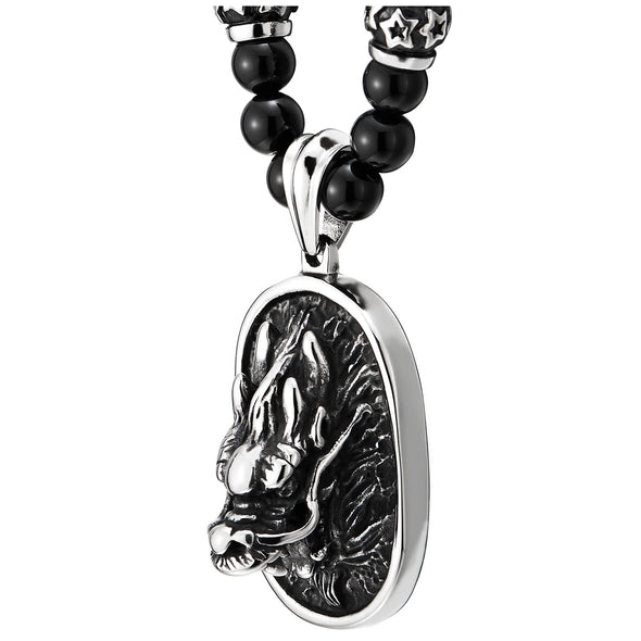 COOLSTEELANDBEYOND Mens Embossed Dragon Head Pendant Necklace, Black Onyx Beads Chain Stainless Steel Blackened Dog Tag - COOLSTEELANDBEYOND Jewelry