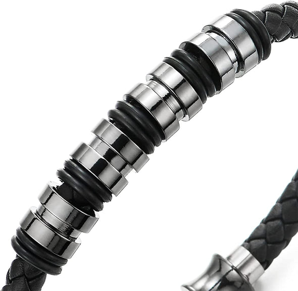 COOLSTEELANDBEYOND Mens Women Black Braided Leather Bracelet, Bangle with Stainless Steel Bead String and Magnetic Clasp - COOLSTEELANDBEYOND Jewelry