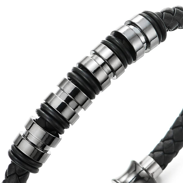 COOLSTEELANDBEYOND Mens Women Black Braided Leather Bracelet, Bangle with Stainless Steel Bead String and Magnetic Clasp - COOLSTEELANDBEYOND Jewelry