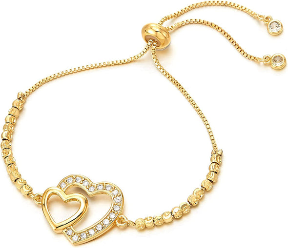 COOLSTEELANDBEYOND Womens Two Overlapping Heart Bracelet, Gold Color Bead Link with Charm of Cubic Zirconia, Adjustable - COOLSTEELANDBEYOND Jewelry