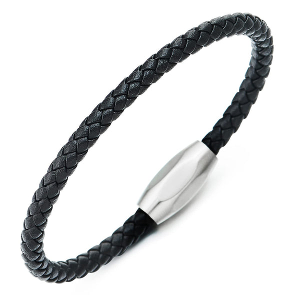 COOLSTEELANDBEYOND Classic Mens Women Thin Black Braided Leather Bracelet Leather Bangle, Steel Oval Magnetic Clasp - COOLSTEELANDBEYOND Jewelry