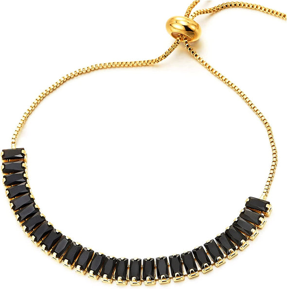 COOLSTEELANDBEYOND Womens Baguette Cut Black Cubic Zirconia Bracelet, Gold Color Link Chain, Adjustable, Sparkling - COOLSTEELANDBEYOND Jewelry