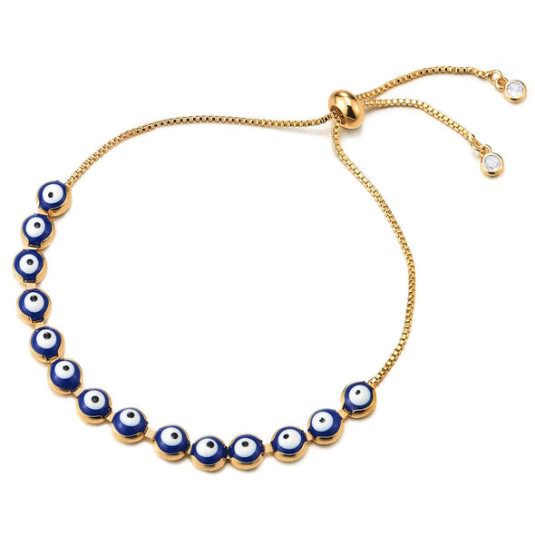 Womens Gold Color Link Chain Bracelet with Link of Evil Eye Charms, Adjustable