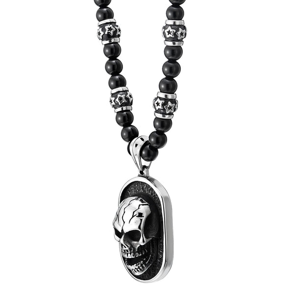 COOLSTEELANDBEYOND Gothic Style Skull Pendant Necklace for Men Black Onyx Beads Chain Stainless Steel Blackened Dog Tag - COOLSTEELANDBEYOND Jewelry