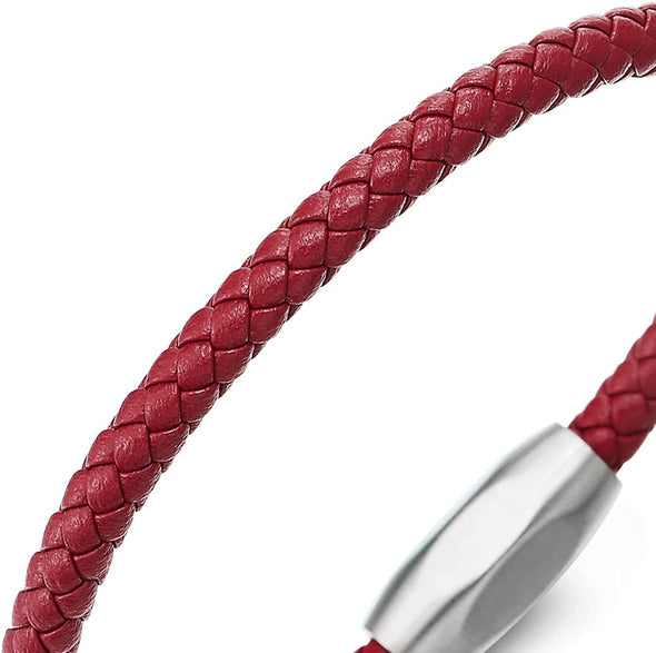 COOLSTEELANDBEYOND Minimalist Mens Women Red Leather Bracelet, Thin Braided Leather Bangle, Steel Oval Magnetic Clasp - COOLSTEELANDBEYOND Jewelry