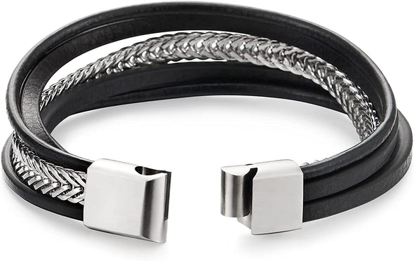 COOLSTEELANDBEYOND Mens Women Stainless Steel Flat Wheat Chain, Multi-strand Black Leather Bracelet with Magnetic Clasp - COOLSTEELANDBEYOND Jewelry