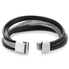 COOLSTEELANDBEYOND Mens Women Stainless Steel Flat Wheat Chain, Multi-strand Black Leather Bracelet with Magnetic Clasp - COOLSTEELANDBEYOND Jewelry