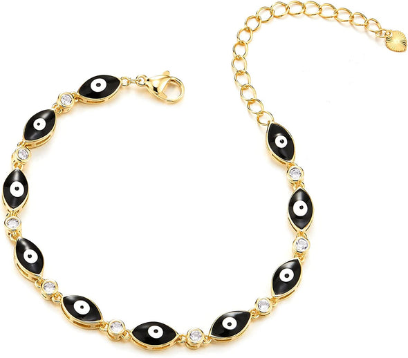 COOLSTEELANDBEYOND Womens Gold Color Link Chain Bracelet of Black Evil Eye Charms, with Cubic Zirconia, Adjustable - COOLSTEELANDBEYOND Jewelry