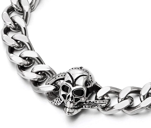 COOLSTEELANDBEYOND Stainless Steel Skull Bracelet for Men Women, Curb Chain Link Polished, Gothic Biker - COOLSTEELANDBEYOND Jewelry