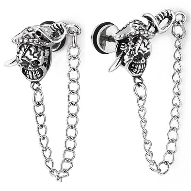 Mens Pirate Skull Sword Chain Stud Earrings Drop Dangle, Stainless Steel, Screw Back,2pcs - COOLSTEELANDBEYOND Jewelry