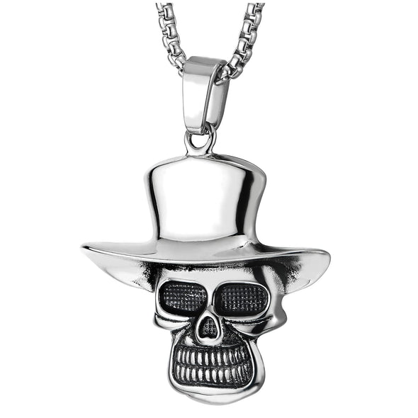 Mens Womens Steel Punk Rock Cowboy Skull Pendant Necklace, 30 inches Wheat Chain - COOLSTEELANDBEYOND Jewelry