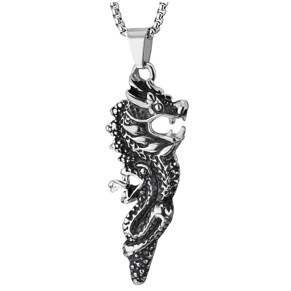 Mens Stainless Steel Vintage Retro Style Dragon Pendant Necklace, Silver Black, 30 in Wheat Chain - COOLSTEELANDBEYOND Jewelry