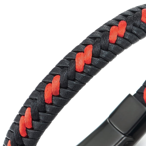 COOLSTEELANDBEYOND Men Women Black Braided Leather Bracelet Interwoven with Orange Cotton Cord Steel Magnetic Clasp - COOLSTEELANDBEYOND Jewelry