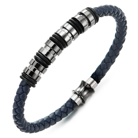 COOLSTEELANDBEYOND Mens Women Blue Braided Leather Bracelet, Bangle with Stainless Steel Bead String and Magnetic Clasp - COOLSTEELANDBEYOND Jewelry