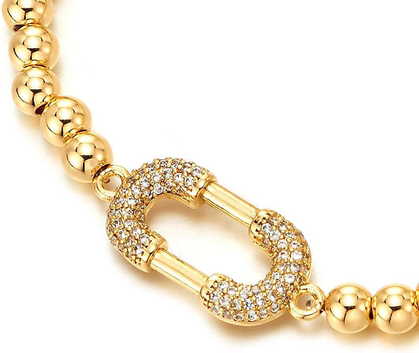 COOLSTEELANDBEYOND Trendy Oval Link Bracelet for Women, Gold Color Beads Link Chain with Charm of Cubic Zirconia, Sparkling - COOLSTEELANDBEYOND Jewelry