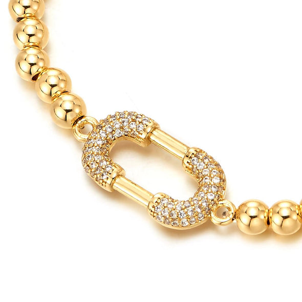 COOLSTEELANDBEYOND Trendy Oval Link Bracelet for Women, Gold Color Beads Link Chain with Charm of Cubic Zirconia, Sparkling - COOLSTEELANDBEYOND Jewelry