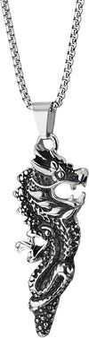 Mens Stainless Steel Vintage Retro Style Dragon Pendant Necklace, Silver Black, 30 in Wheat Chain - COOLSTEELANDBEYOND Jewelry