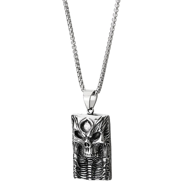 COOLSTEELANDBEYOND Men Steel Vintage Concave Engraving Skeleton Skull Dog tag Pendant Necklace, 30 inches Wheat Chain - COOLSTEELANDBEYOND Jewelry