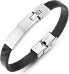 COOLSTEELANDBEYOND Mens Steel ID Identification Bracelet with Cubic Zirconia and Black Textured Leather Straps - COOLSTEELANDBEYOND Jewelry