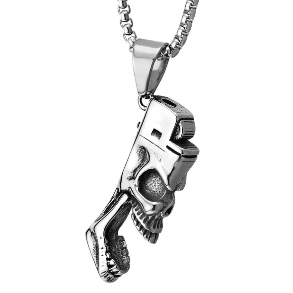 Stainless Steel Men Gothic Big Open Mouth Skull in a Lighter Pendant Necklace, 30 Inches Wheat Chain - COOLSTEELANDBEYOND Jewelry