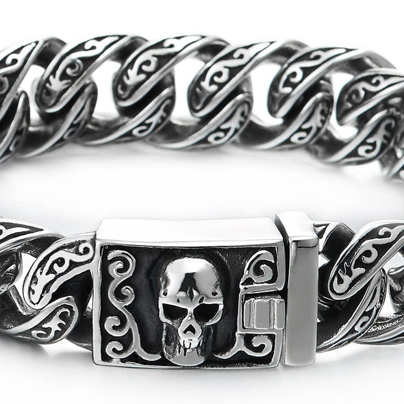 Retro Style Mens Women Steel Filigree Tattoo Patterns Curb Chain Bracelet with Skull Box Clasp - COOLSTEELANDBEYOND Jewelry