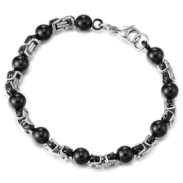 Unique Men Women Stainless Steel Braided Link Bracelet with Bead Ball Charms, Silver Black Two-tone - COOLSTEELANDBEYOND Jewelry