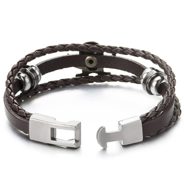 COOLSTEELANDBEYOND Brown Braided Leather Bracelet Sword Pirate Skull Mens Women Multi-Strand Leather Wristband - COOLSTEELANDBEYOND Jewelry