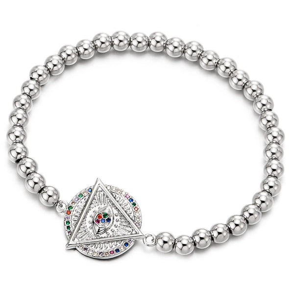 COOLSTEELANDBEYOND Womens Circle Eye of Providence Bracelet, Beads Link Chain with Colorful Cubic Zirconia - COOLSTEELANDBEYOND Jewelry