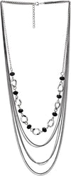 COOLSTEELANDBEYOND Layered Statement Necklace, Crystal Beads, Silver Black Multi-Strand Waterfall Long Chains and Circle Charm - COOLSTEELANDBEYOND Jewelry