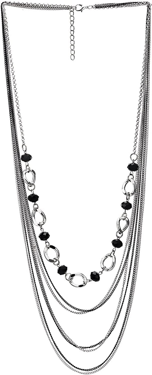 COOLSTEELANDBEYOND Layered Statement Necklace, Crystal Beads, Silver Black Multi-Strand Waterfall Long Chains and Circle Charm - COOLSTEELANDBEYOND Jewelry