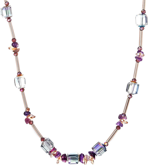 COOLSTEELANDBEYOND Crystal Statement Necklace, Elegant Purple Rainbow Beads Long Chain with Sticks Discs and Crystal Cube Beads - COOLSTEELANDBEYOND Jewelry