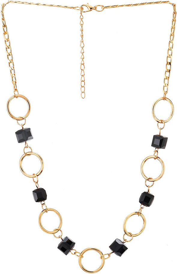 Stylish Gold Chain Circle Links Necklace with Black Cube Crystal Beads Pendant, Party - COOLSTEELANDBEYOND Jewelry