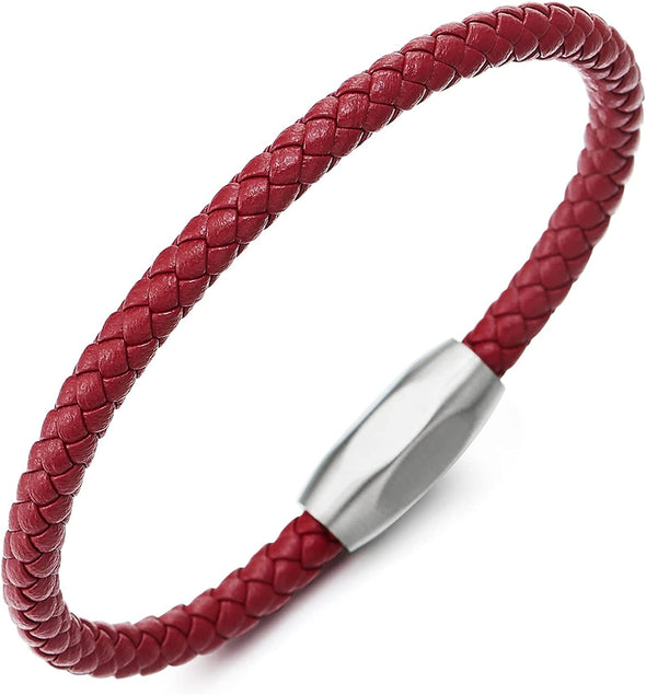 COOLSTEELANDBEYOND Minimalist Mens Women Red Leather Bracelet, Thin Braided Leather Bangle, Steel Oval Magnetic Clasp - COOLSTEELANDBEYOND Jewelry