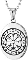 COOLSTEELANDBEYOND Mens Women Steel Oval Medallion with Wolf Head Pendant Necklace, VEGVISIR Nordic Norse Runic Compass - COOLSTEELANDBEYOND Jewelry