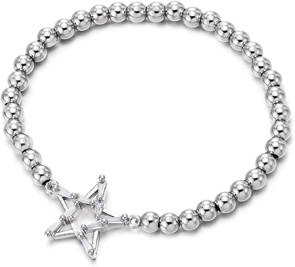 COOLSTEELANDBEYOND Cubic Zirconia Star Bracelet, Womens Beads Link Chain Charm Bracelet - COOLSTEELANDBEYOND Jewelry