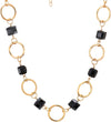 Stylish Gold Chain Circle Links Necklace with Black Cube Crystal Beads Pendant, Party - COOLSTEELANDBEYOND Jewelry