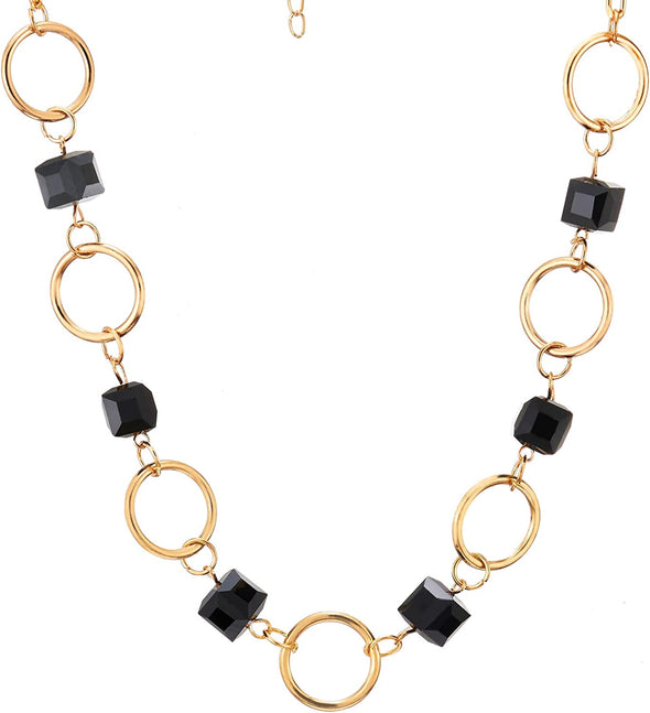 Stylish Gold Chain Circle Links Necklace with Black Cube Crystal Beads Pendant, Party - COOLSTEELANDBEYOND Jewelry