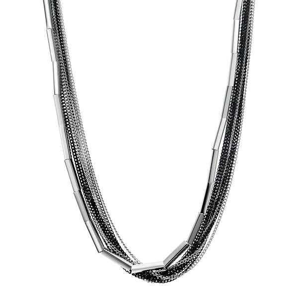 COOLSTEELANDBEYOND Silver Black Long Statement Necklace, Multi-Strand Layered Chain with Tube Charms Pendant, Minimalist - COOLSTEELANDBEYOND Jewelry